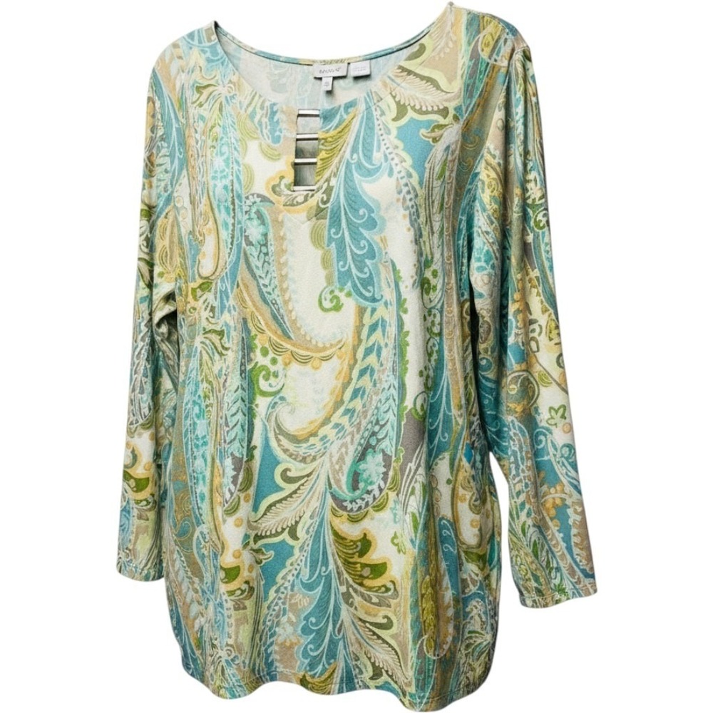 Chico's Travelers 4 (20/22) Paisley‎ Tunic Blouse Gold Hardware Slinky Stretch